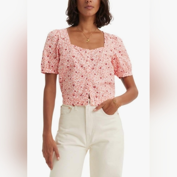 Levi's Simone Short Puff Sleeve Floral Cropped Blouse XL - Picture 1 of 7